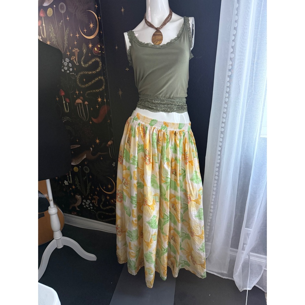 Laura Martin Collection Silk Maxi Skirt Yellow Green Floral Elastic Waist L